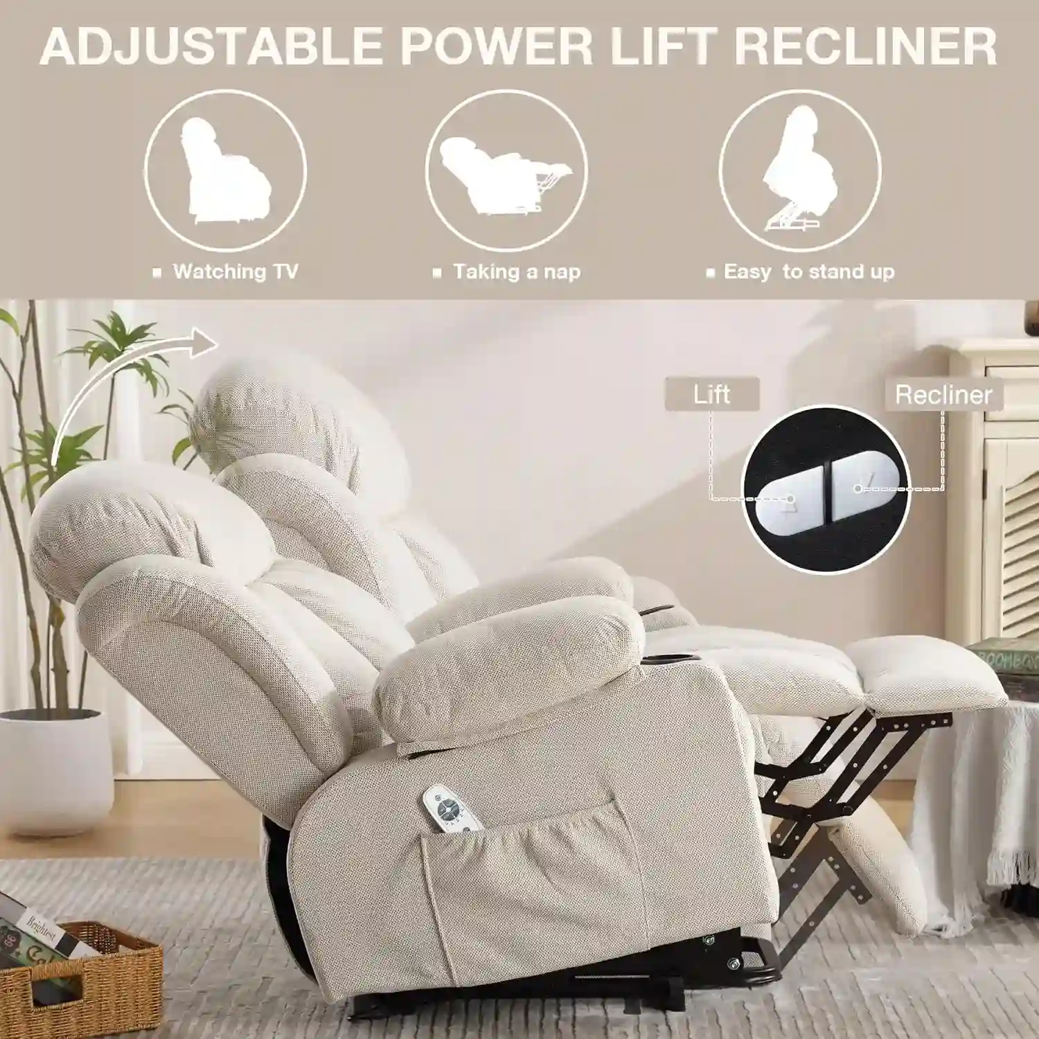 powered lift chair with side pockets for storage